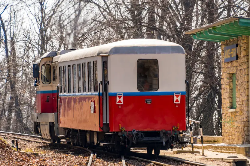 The bright red, children-run train in Budapest.