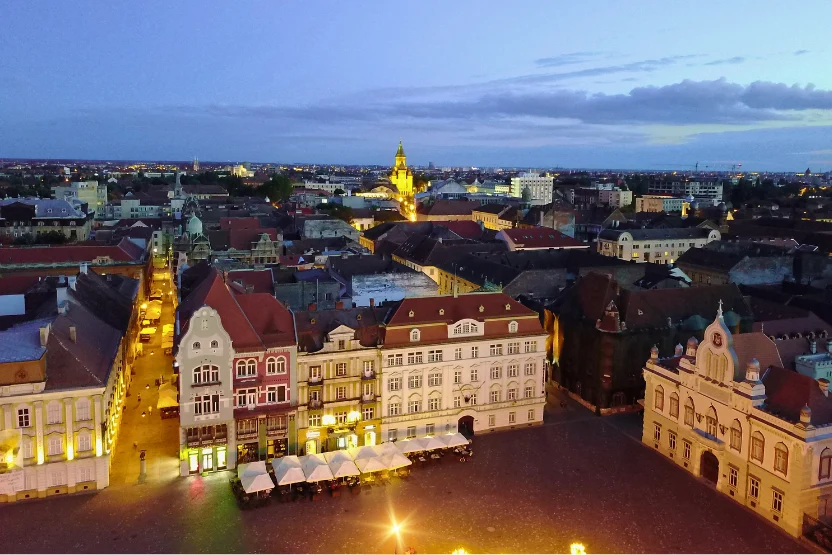 City Square at night in Timișoara, Romania