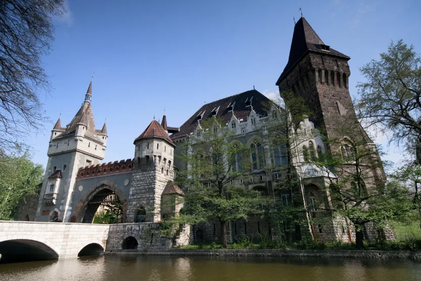 Vajdahunyad Castle on a sunny day in Budapest.