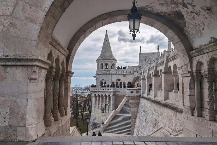 A view of Halászbástya through a peep hole in the wall. 