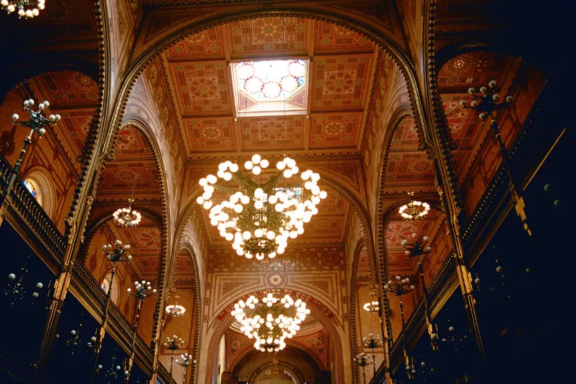 The interior chandeliers of Dohany Synogogue.