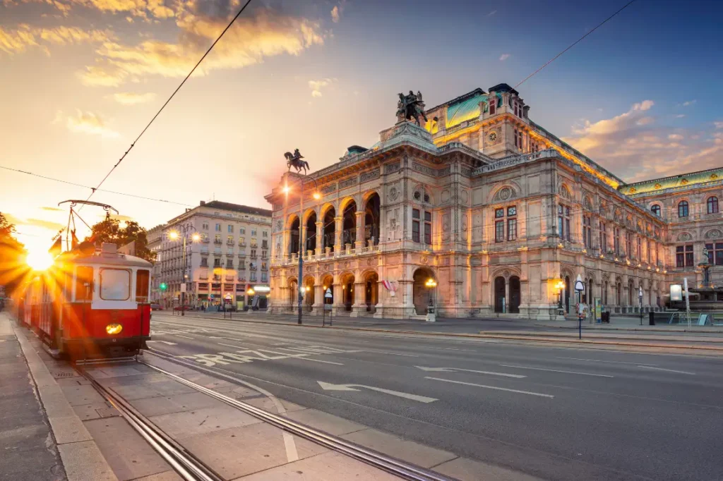 Tram at sunset in Vienna, Austria