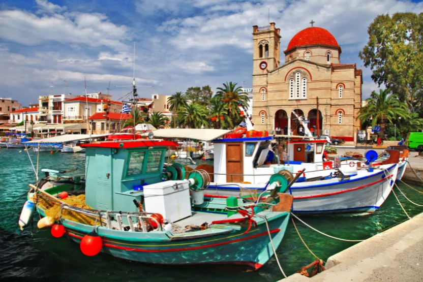 Colorful harbor of Aegina, Greece