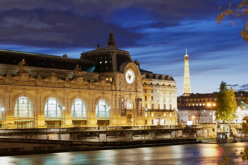 The Musee D'Orsay and Eiffel Tower at night