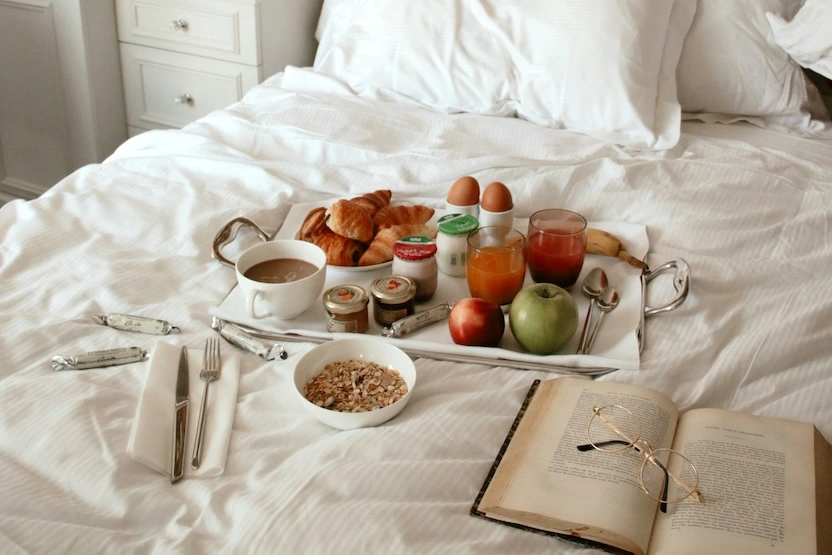 A french breakfast in a hotel room in Paris. 