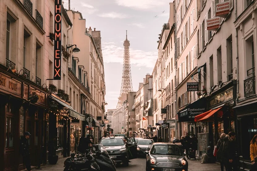 An on-street view of the Eiffel Tower.