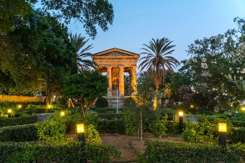 A beautiful park in Valletta, Malta, at dusk.