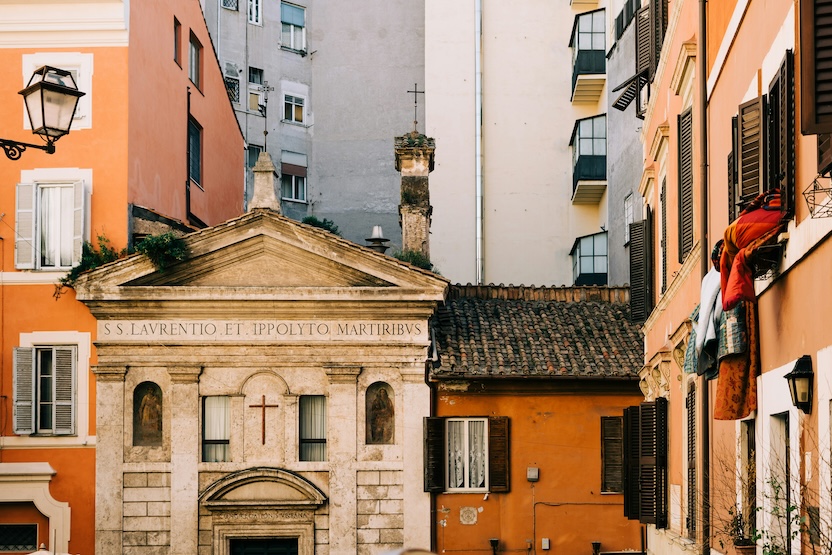 Quirky uneven buildings in Monti, one of Rome's more artistic neighborhoods.