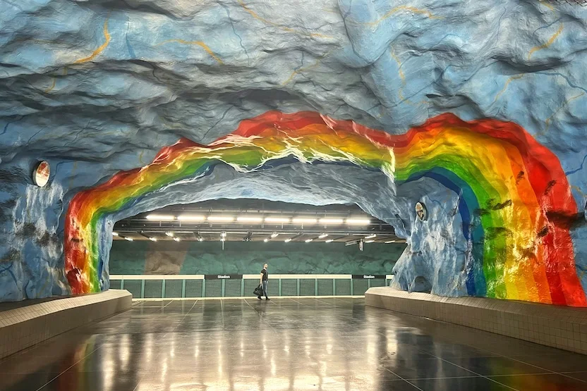 One of Stockholm's painted metro station: A rainbow.