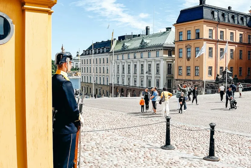 A Swedish guard in front of an old building in Stockholm.