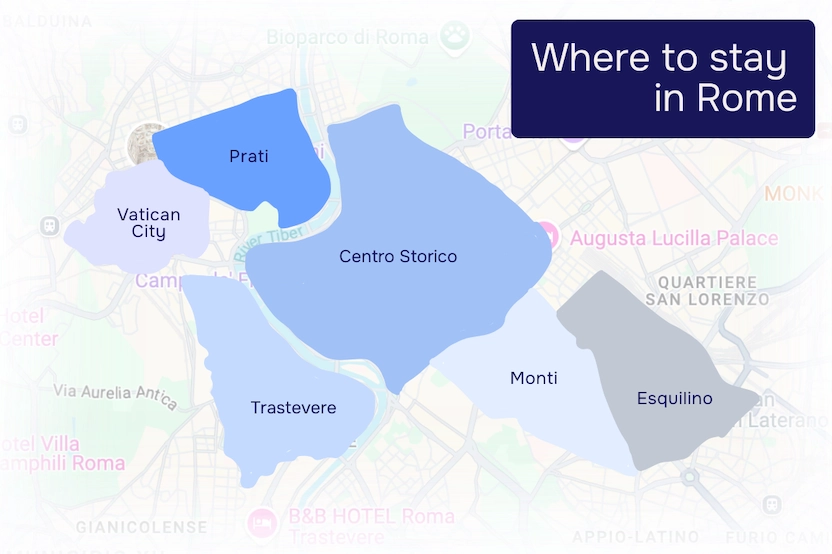 A simple map showing the best tourist neighborhoods to stay in in Rome.