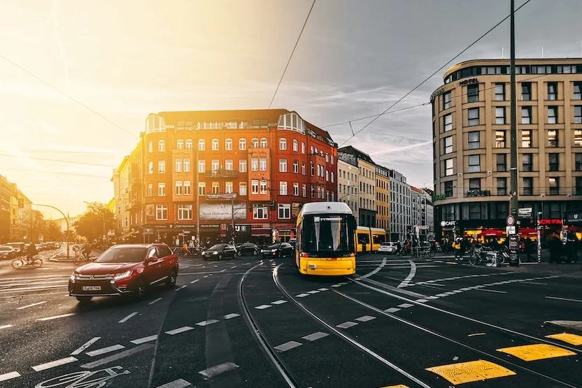 Public transportation on a street in Berlin.