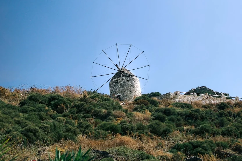 A windmill on a hill in Naxos, Greece.