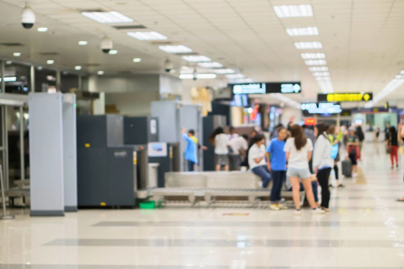 People waiting at airport security.