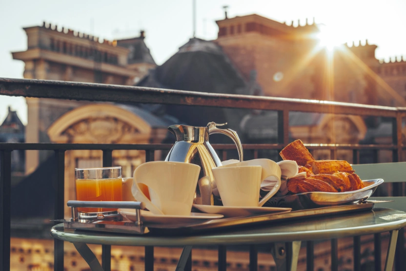 Breakfast on a hotel balcony in Paris