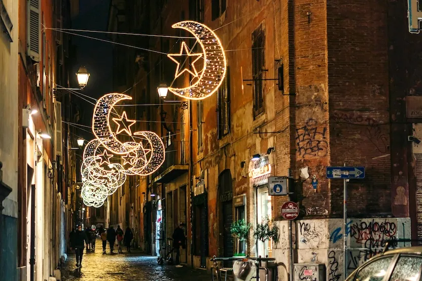 Christmas lights in an alley in Rome