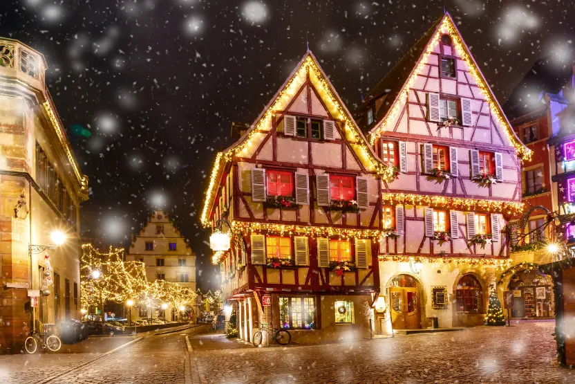 Snow in Colmar at Christmastime