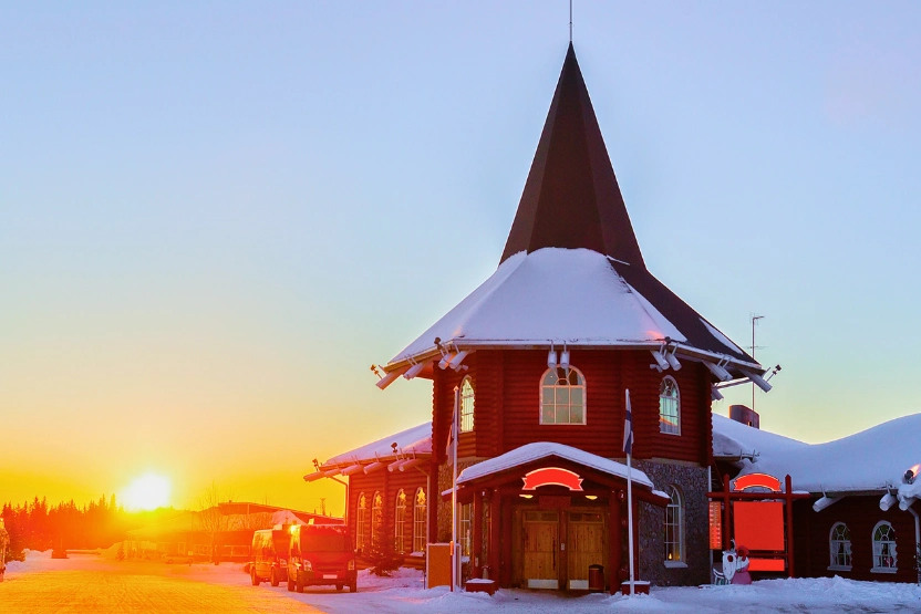 Building in Santa Claus Village at sunset