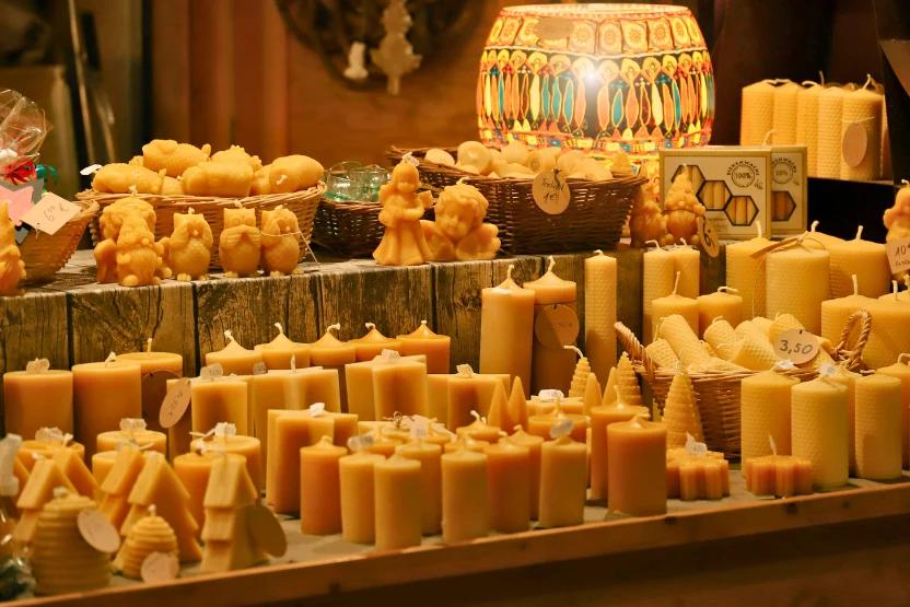 Artisan candles at a Christmas market stall