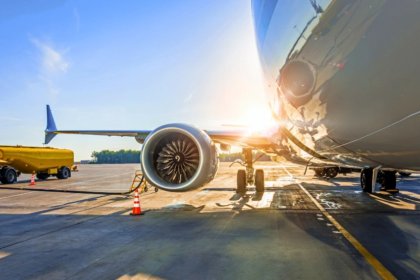 An airplane engine at dawn