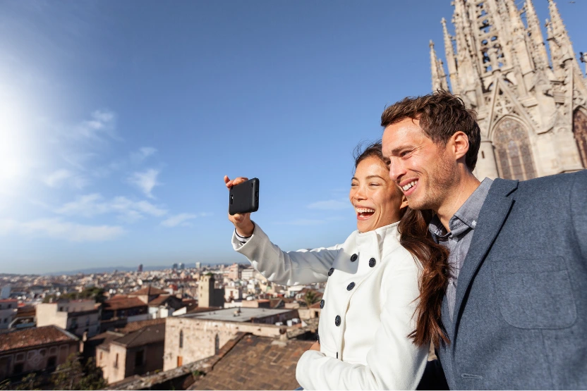 Tourists taking a photo in Barcelona, Spain