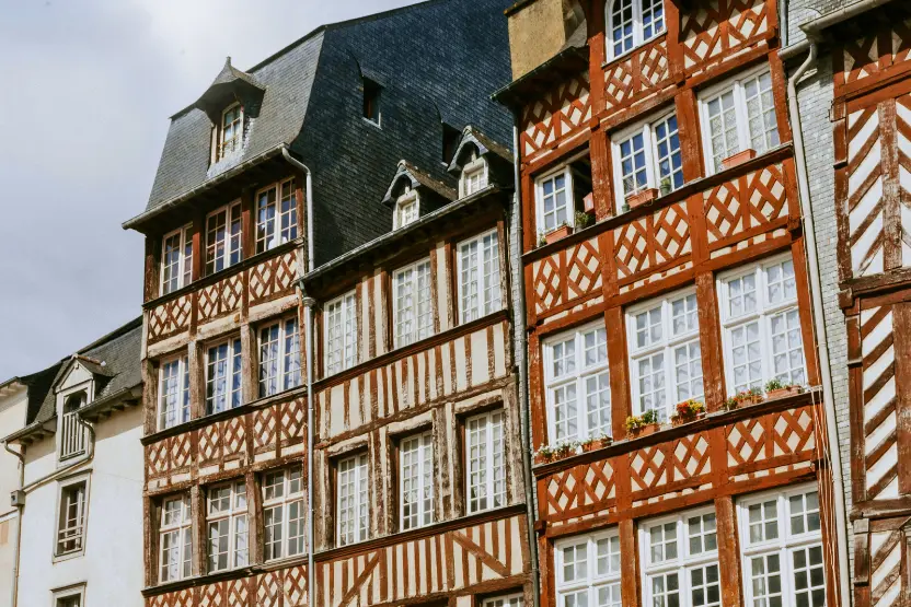 Half-timbered buildings in old-town Rennes, France