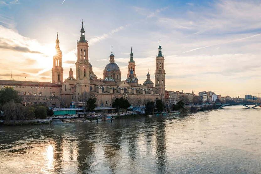 Dusk over the river in Zaragoza, Spain