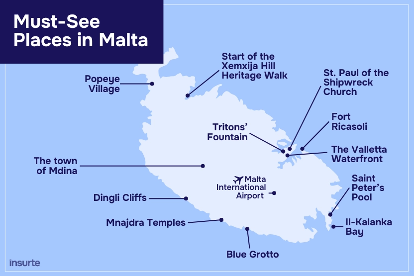 Malta tourist map with must-see locations