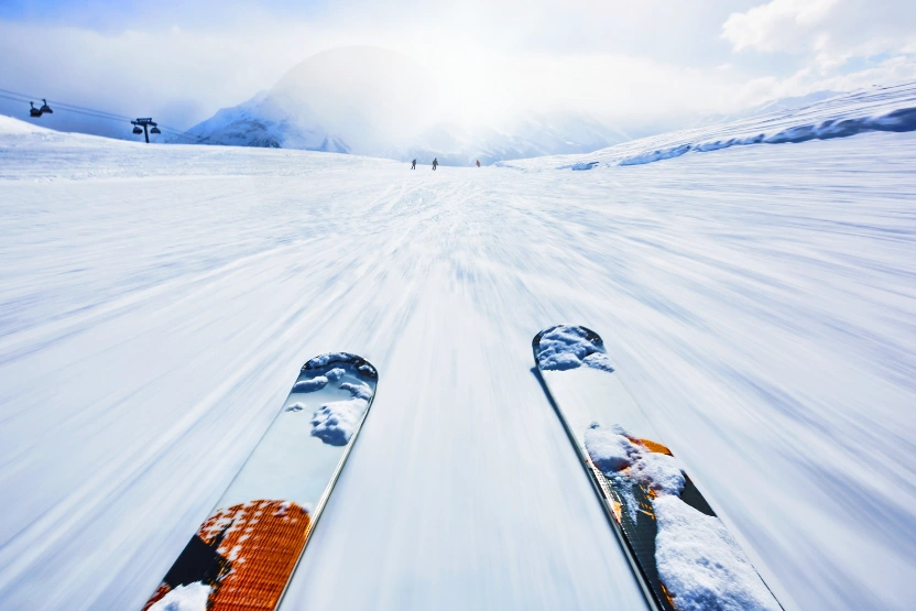 Close up of skis on the piste