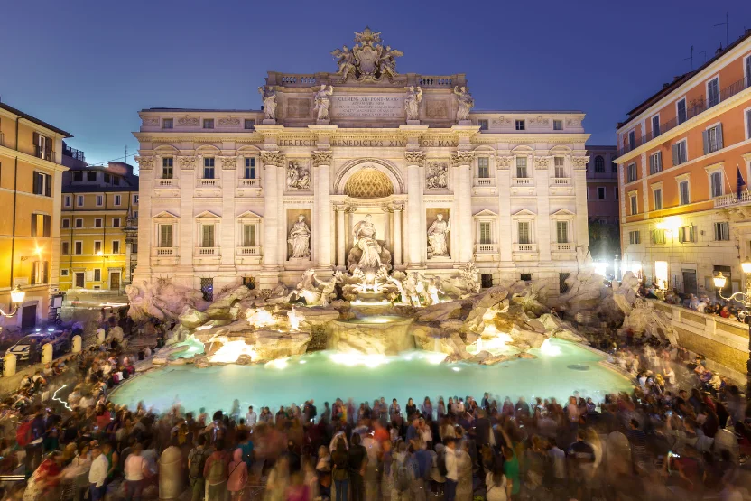 Crowds at Trevi Fountain at night