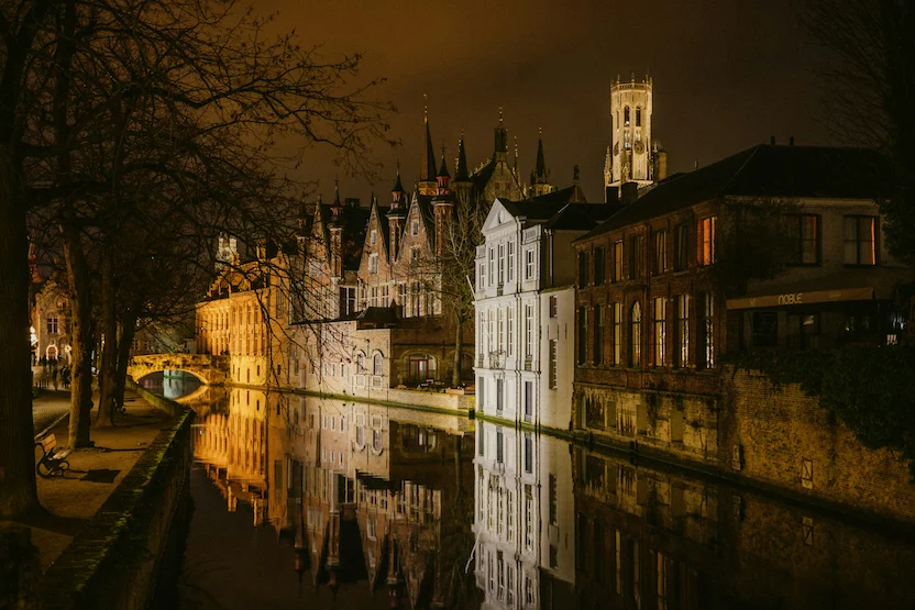 Canals at night in Bruges, Belgium 