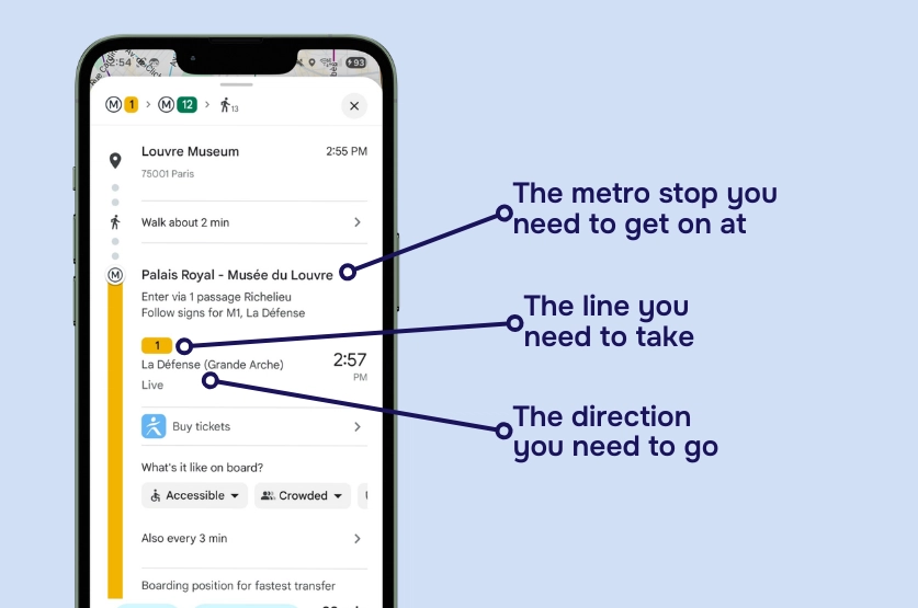 Example of how to read the Google Maps Directions for the Paris Metro (1 of 3)