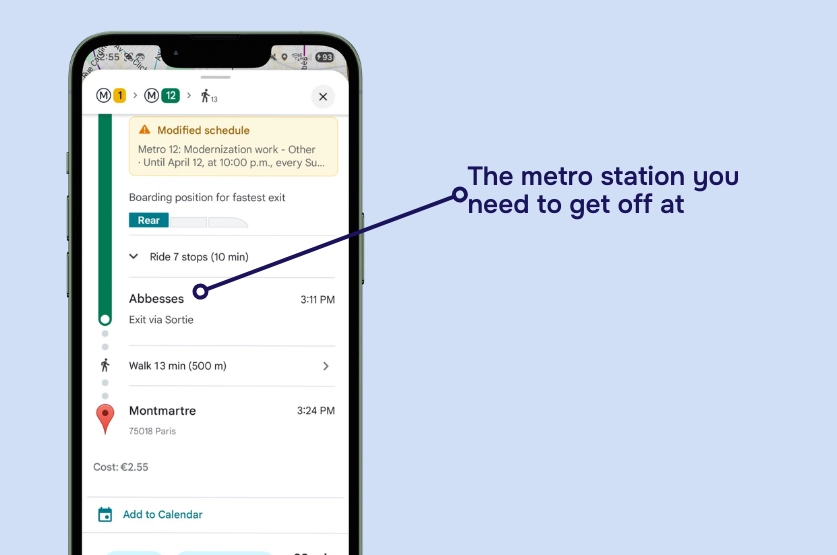 Example of how to read the Google Maps Directions for the Paris Metro