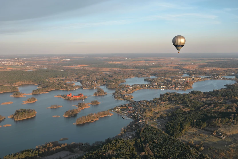 Hot air ballon flying over Trakai, Lithuania