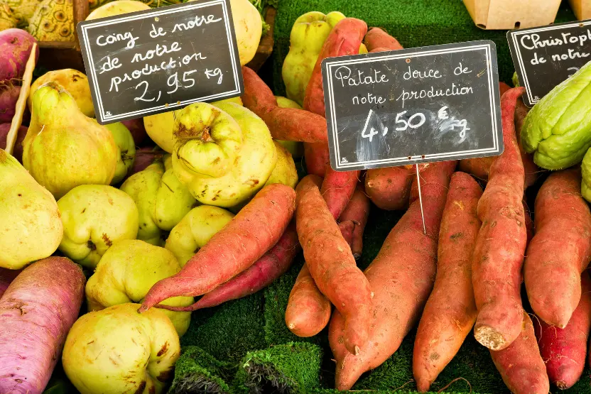 Sweet potatoes and pears at a French farmer's market