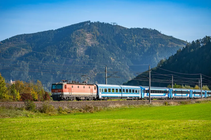 Train traveling in the Austrian countryside