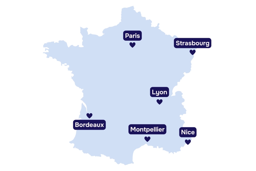 Purple map of France showing the 6 best cities for expats
